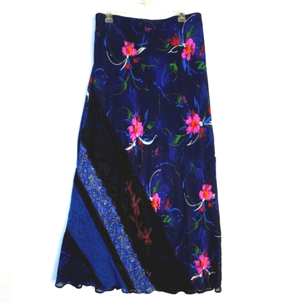 FRANCESCA Rose Maxi Skirt Mix Print Panels Boho Festival Size L - EUC!